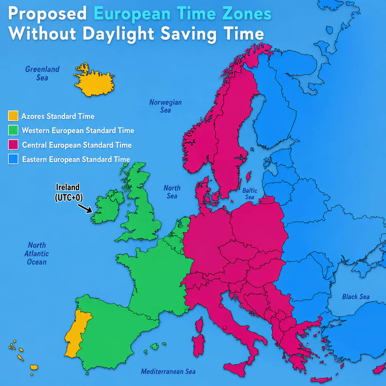 Ireland and Europe time zone map