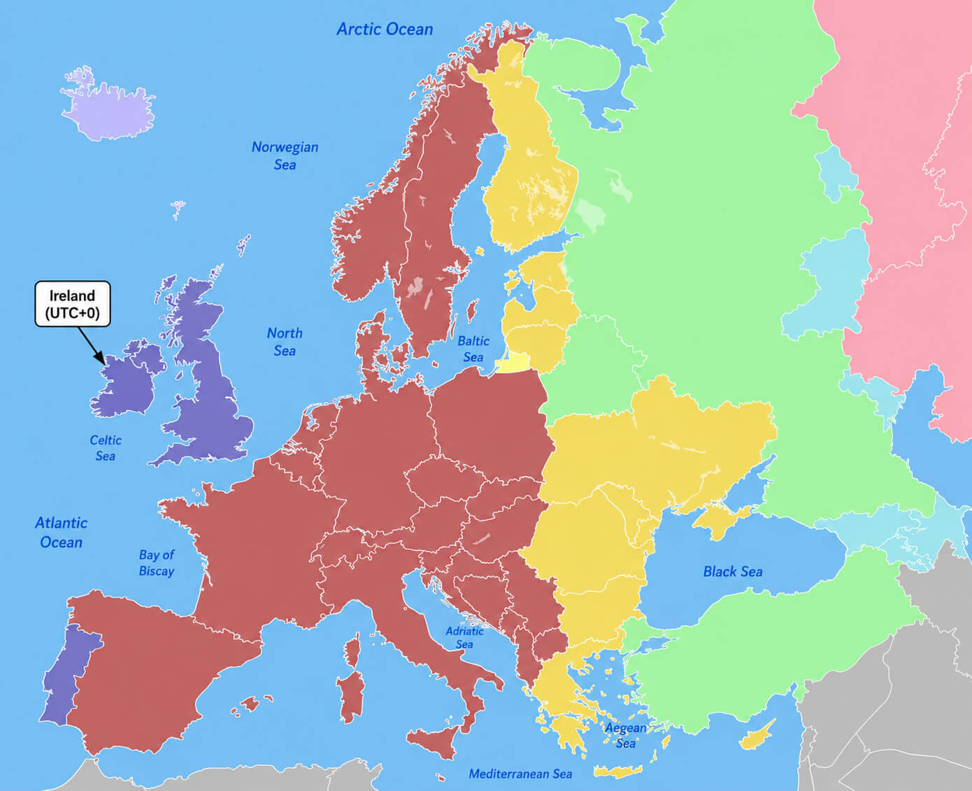 Ireland on Europe time zone map