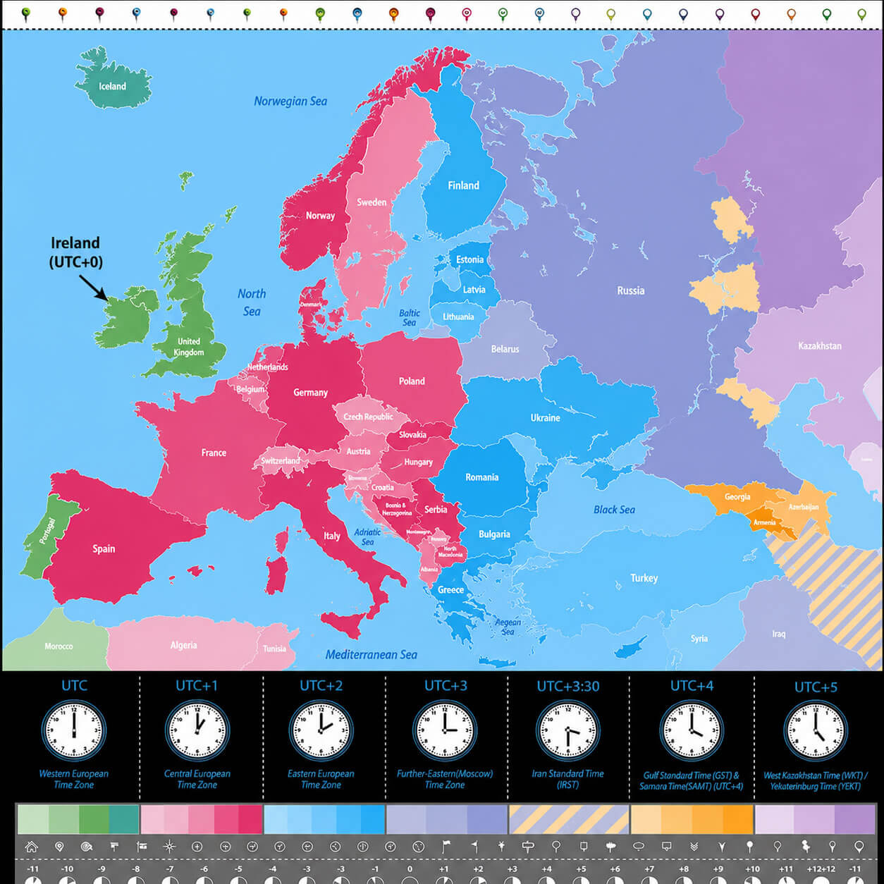 Western and Central Europe time zones map