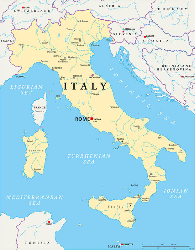 Italy Map Rivers Cities Borders