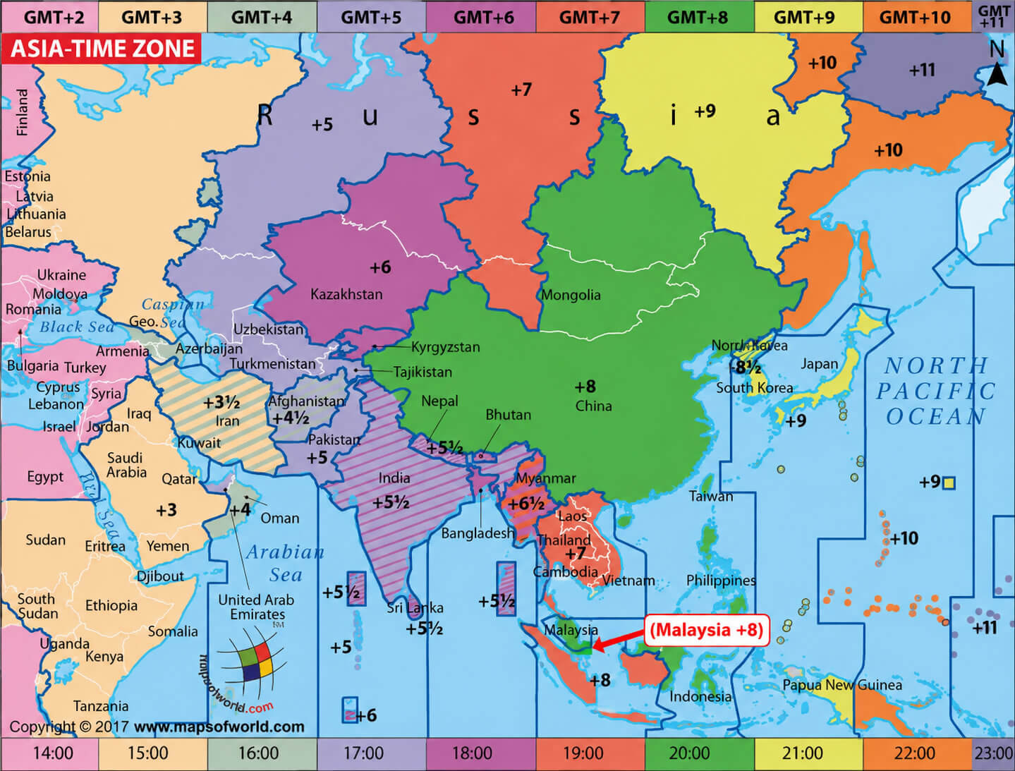 Asia time zone map with Malaysia