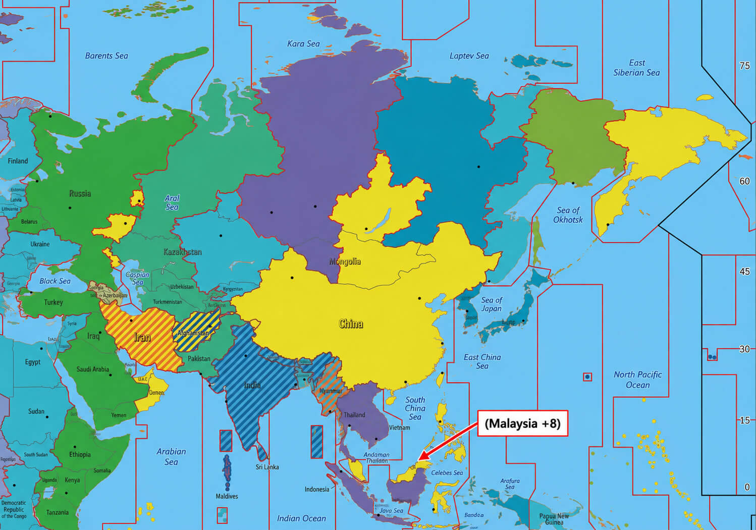 Asia utc time zone map with Malaysia