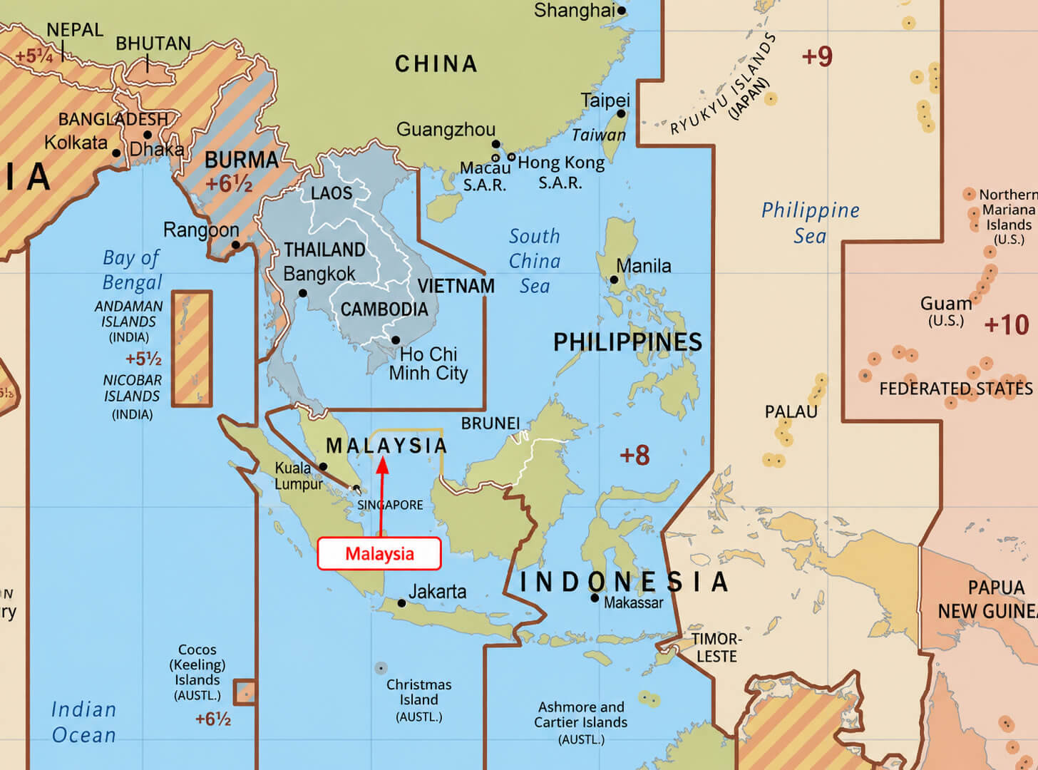 Malaysia regional time zone map