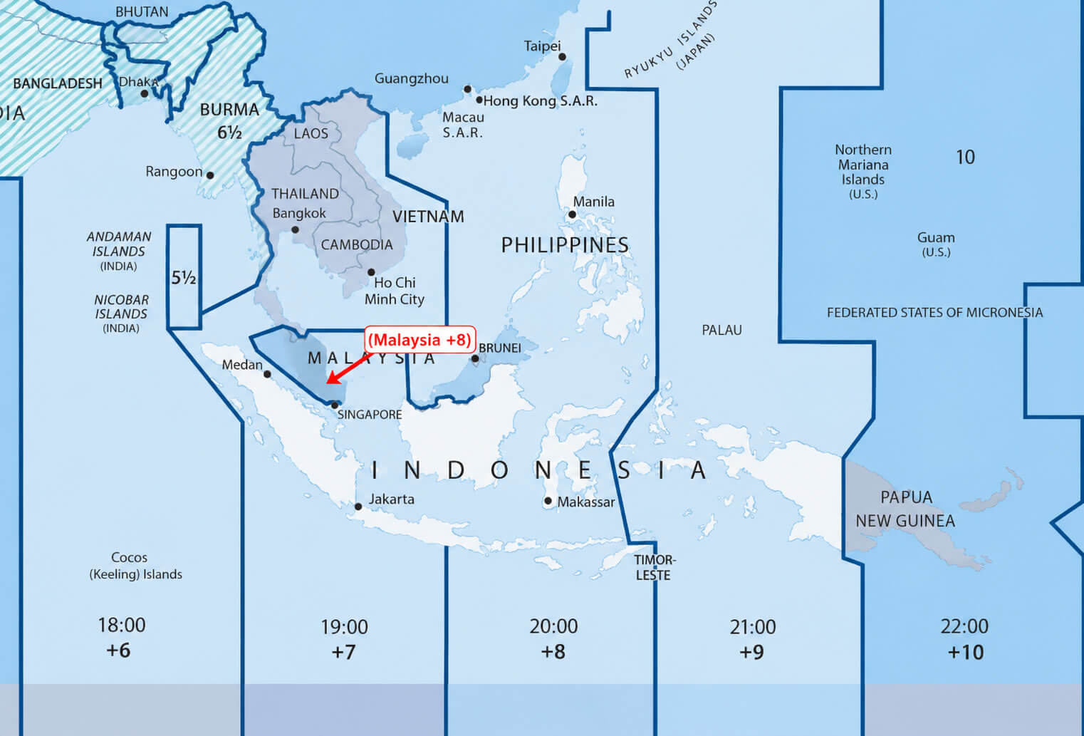 Malaysia UTC +8 time zone map