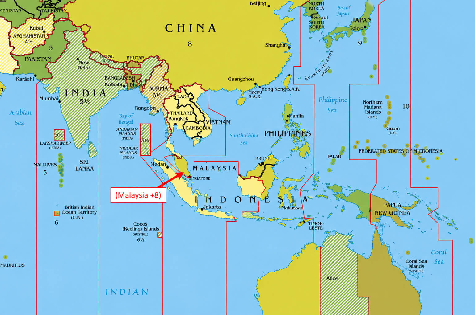 Southeast Asia time zone map with Malaysia