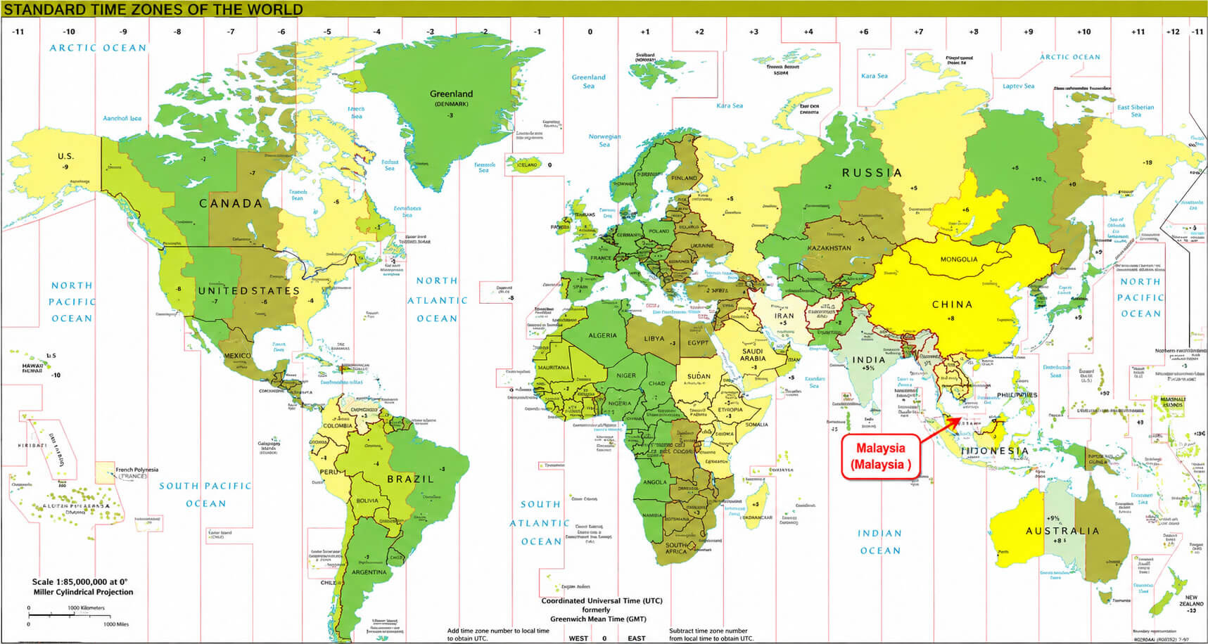World map with Malaysia time zone