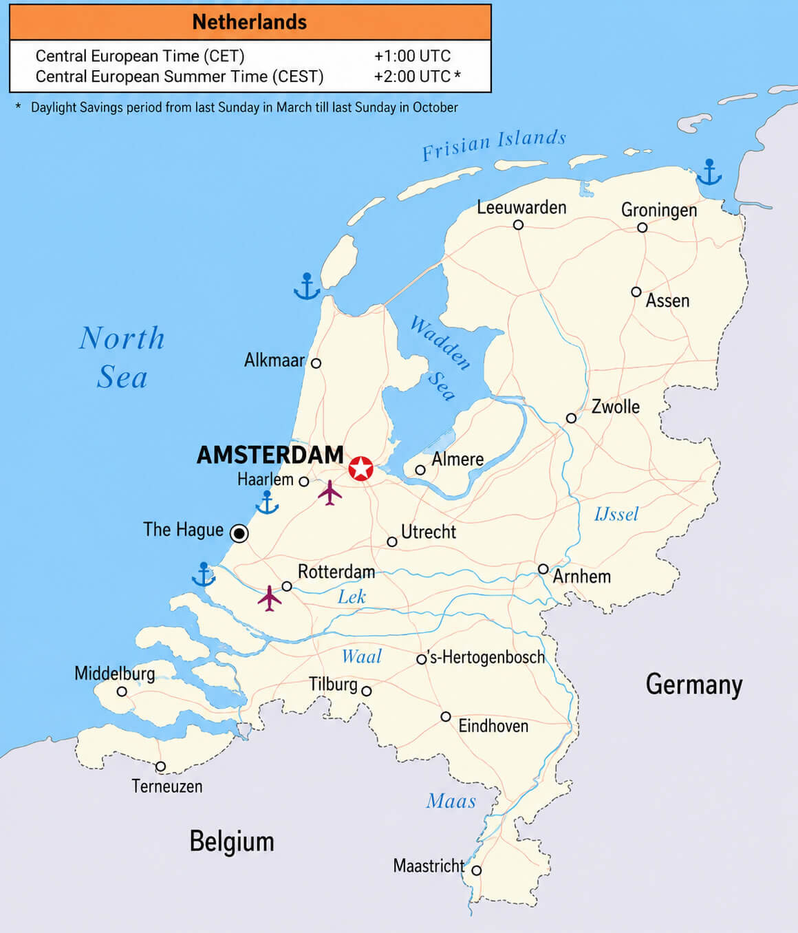 Amsterdam and Netherlands time zone map