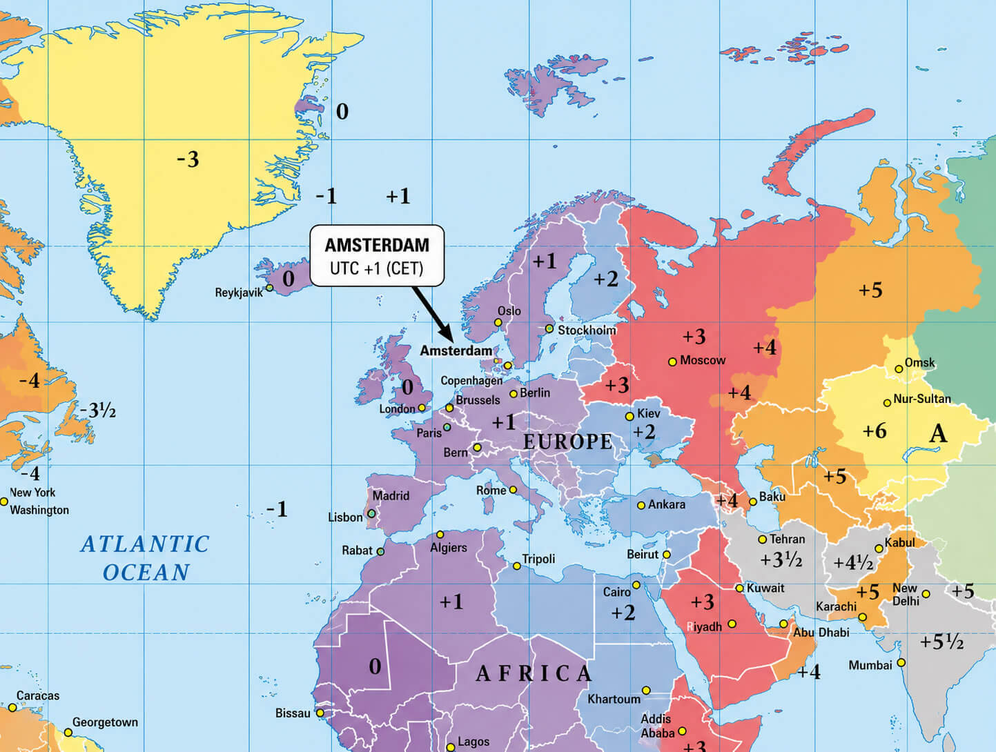 Europe and Africa time zones map