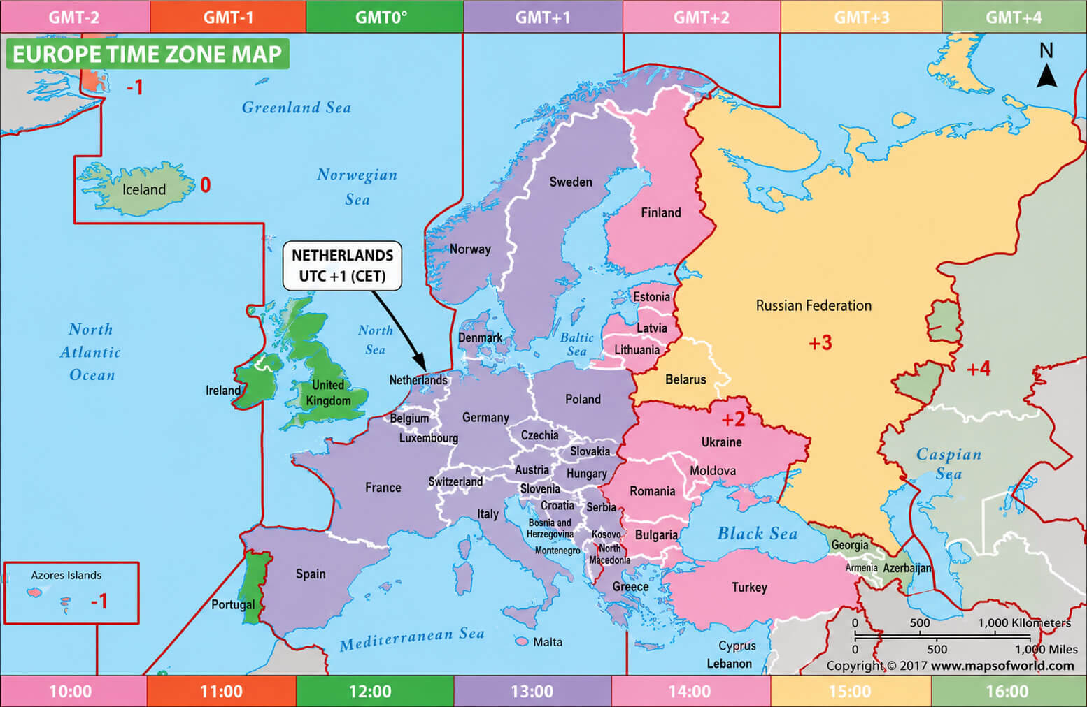 Europe time zone map with Netherlands