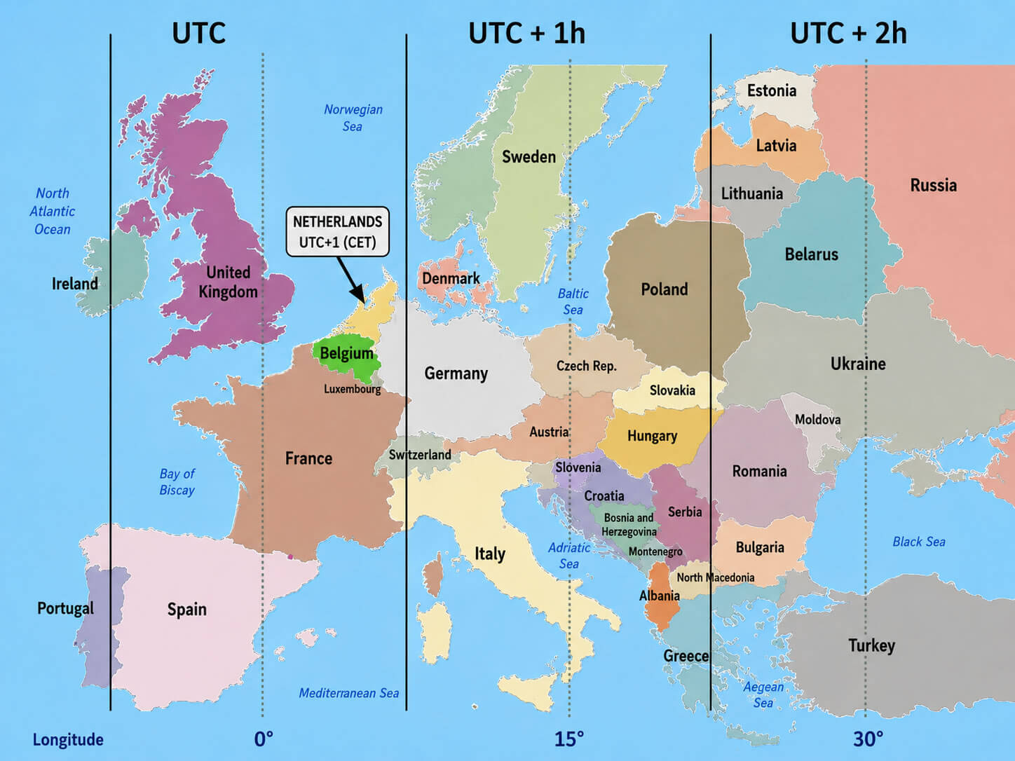 Europe time zone regions map