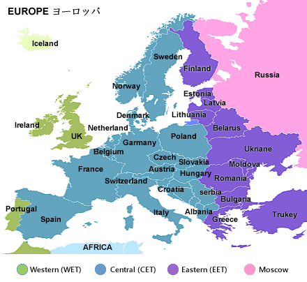 Europe time zones map with Netherlands highlighted