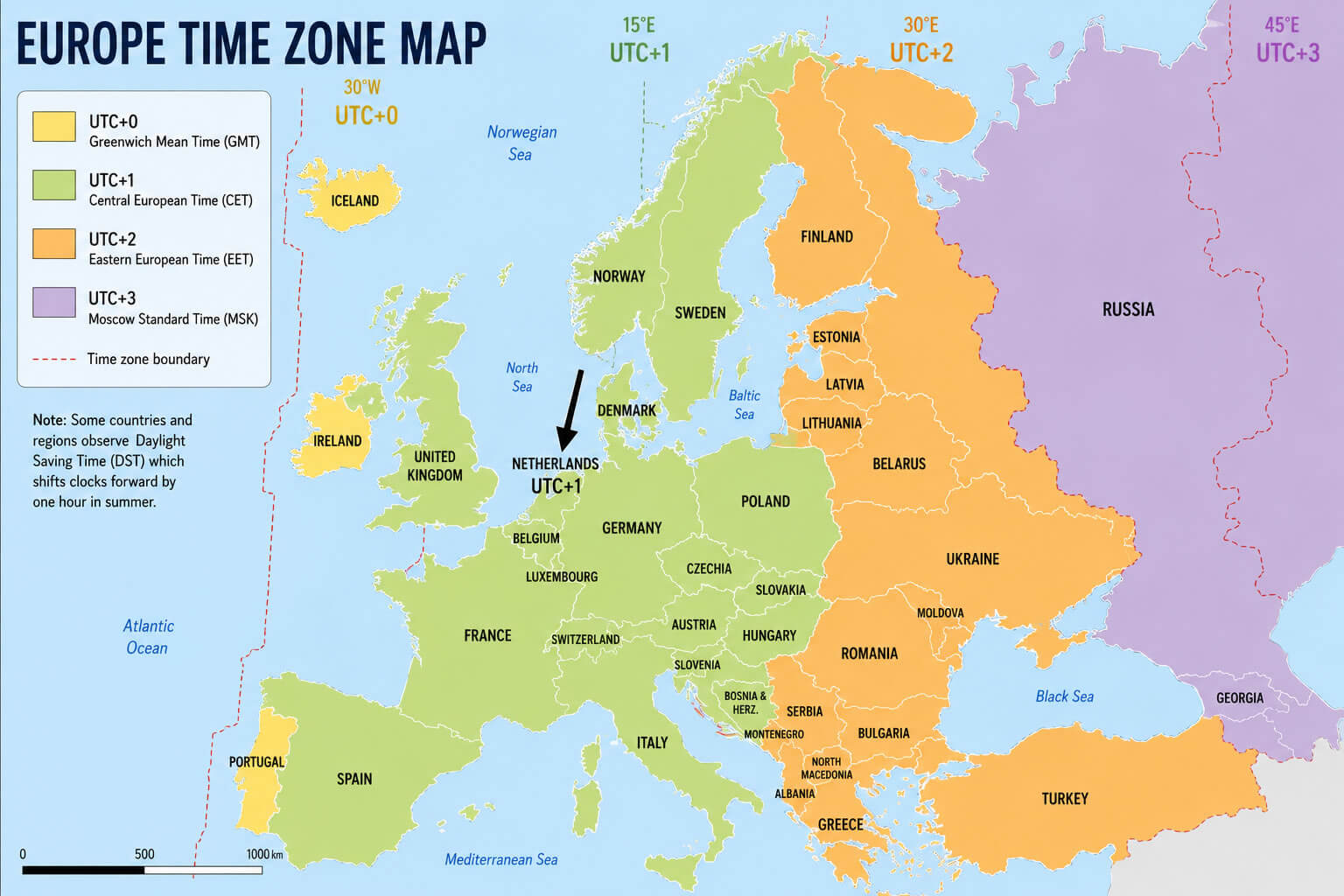 Europe time zones with local times map