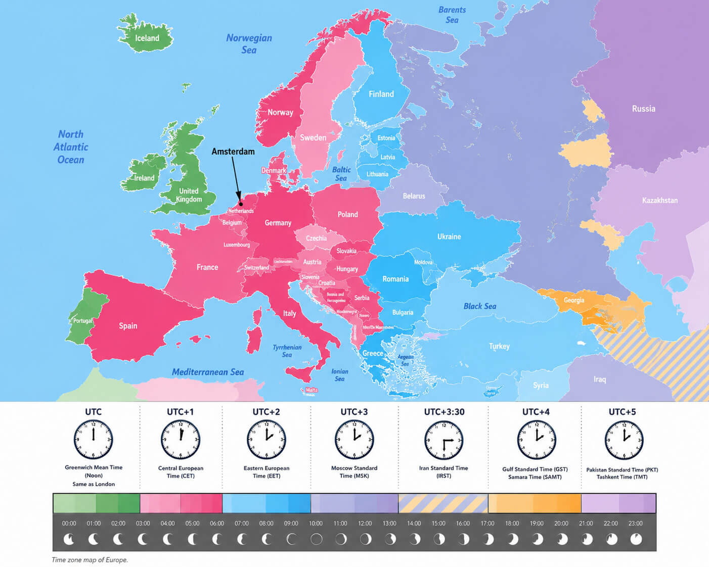 European countries standard time zones map