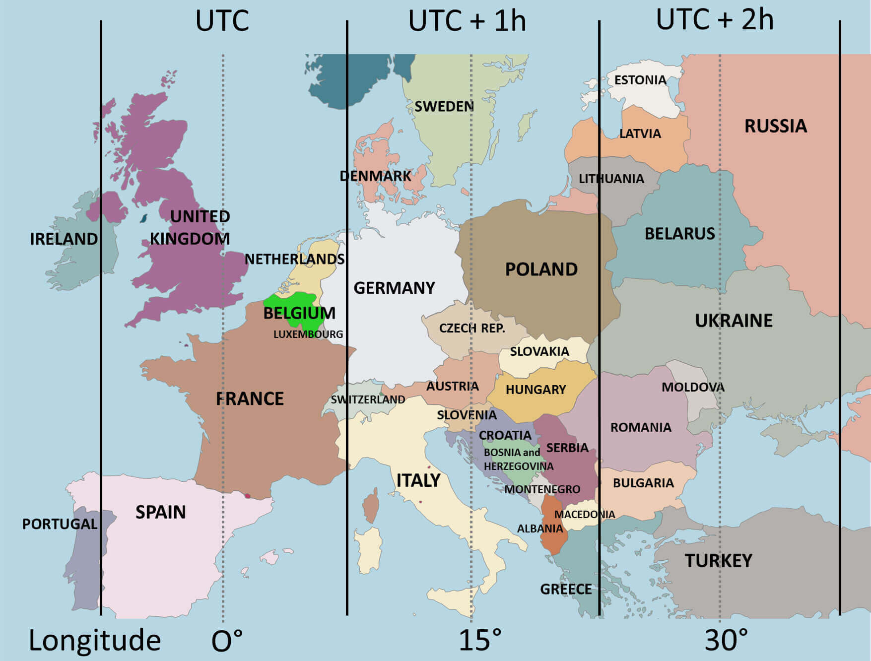 European countries time zones map