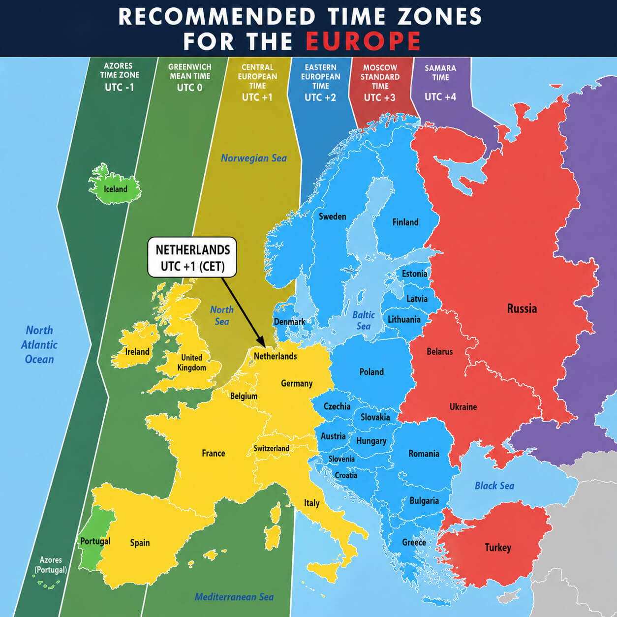 Time zones for Europe map