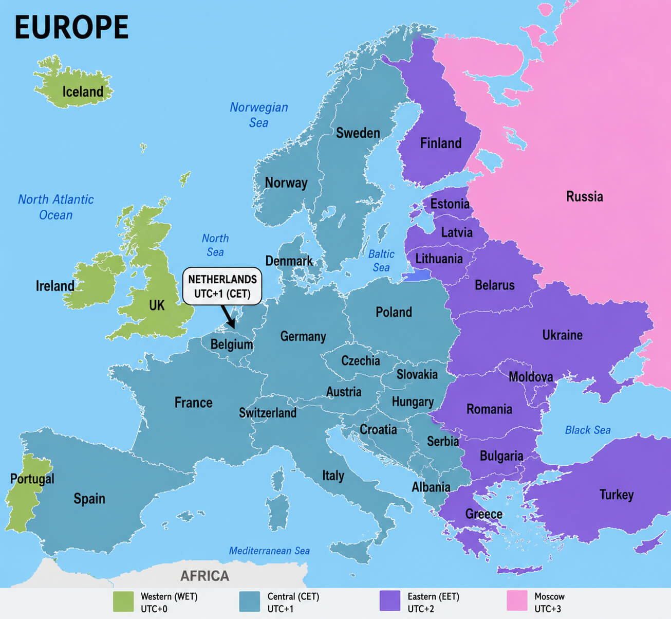 Western central and Eastern Europe time zones map