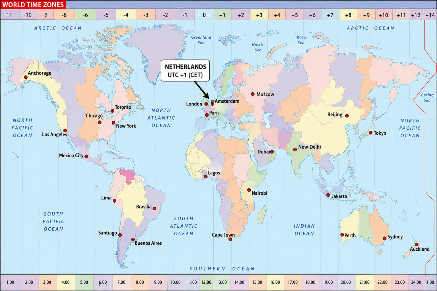 World time zone map with amsterdam