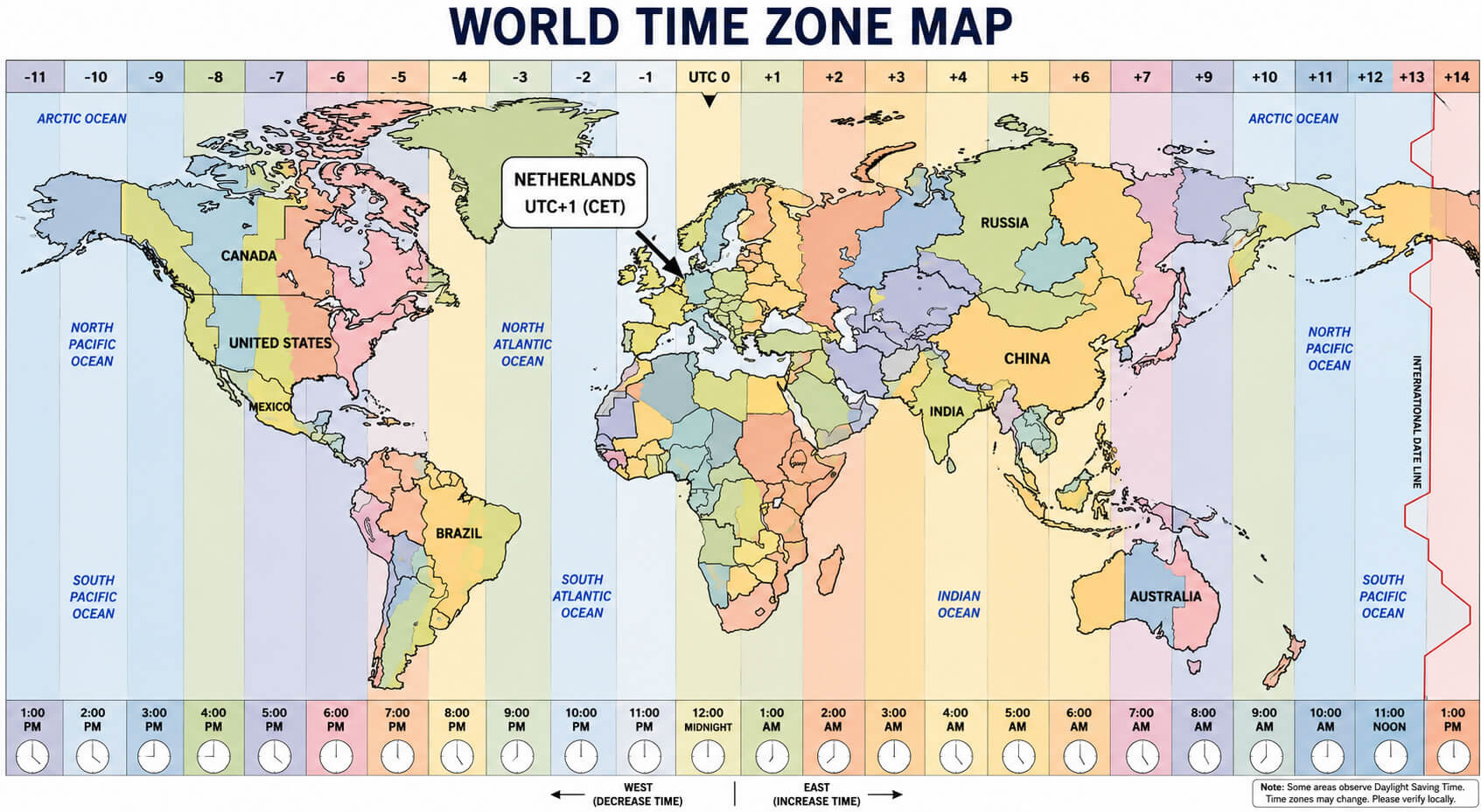 World time zones map with Netherlands