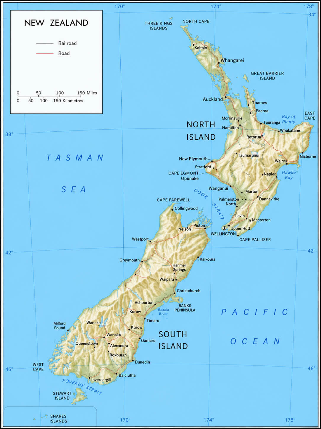 New Zealand physical relief map