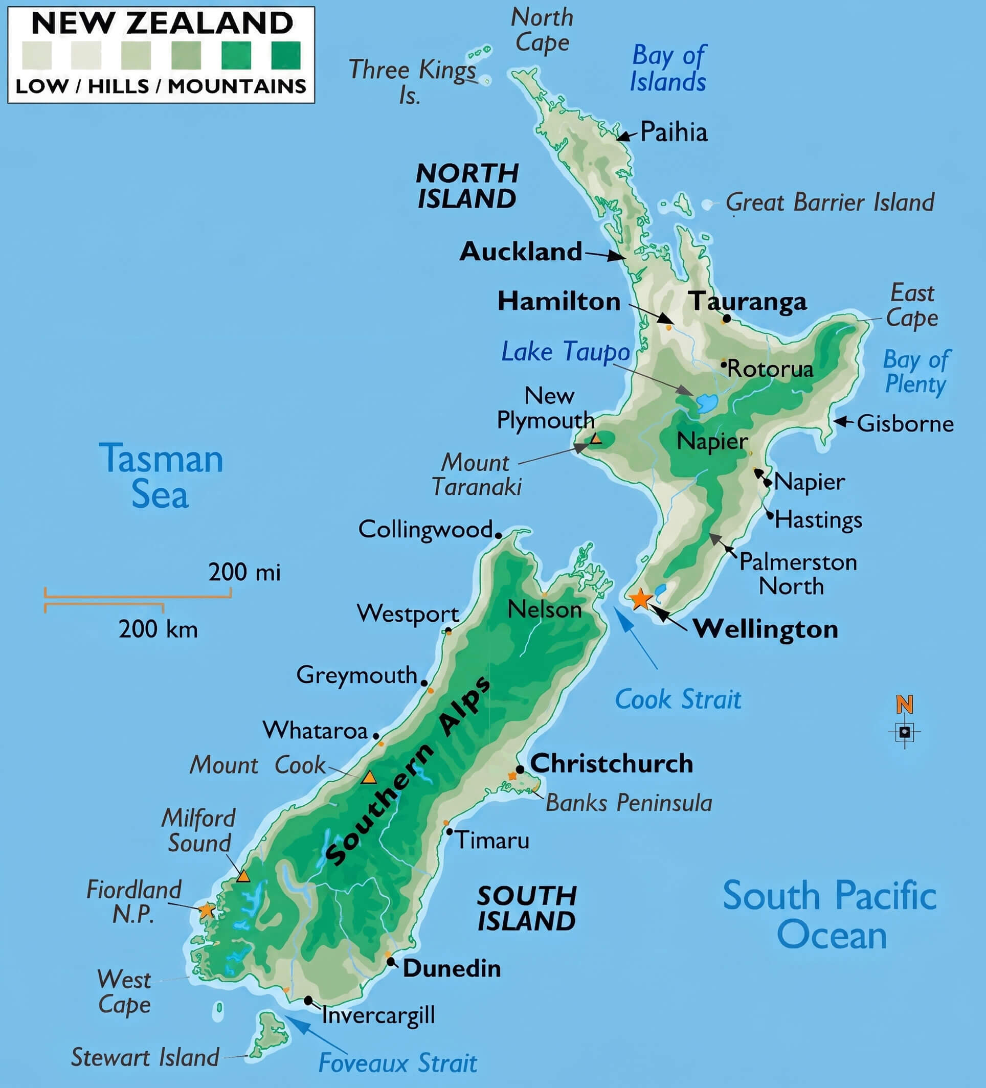 New Zealand topographic relief map