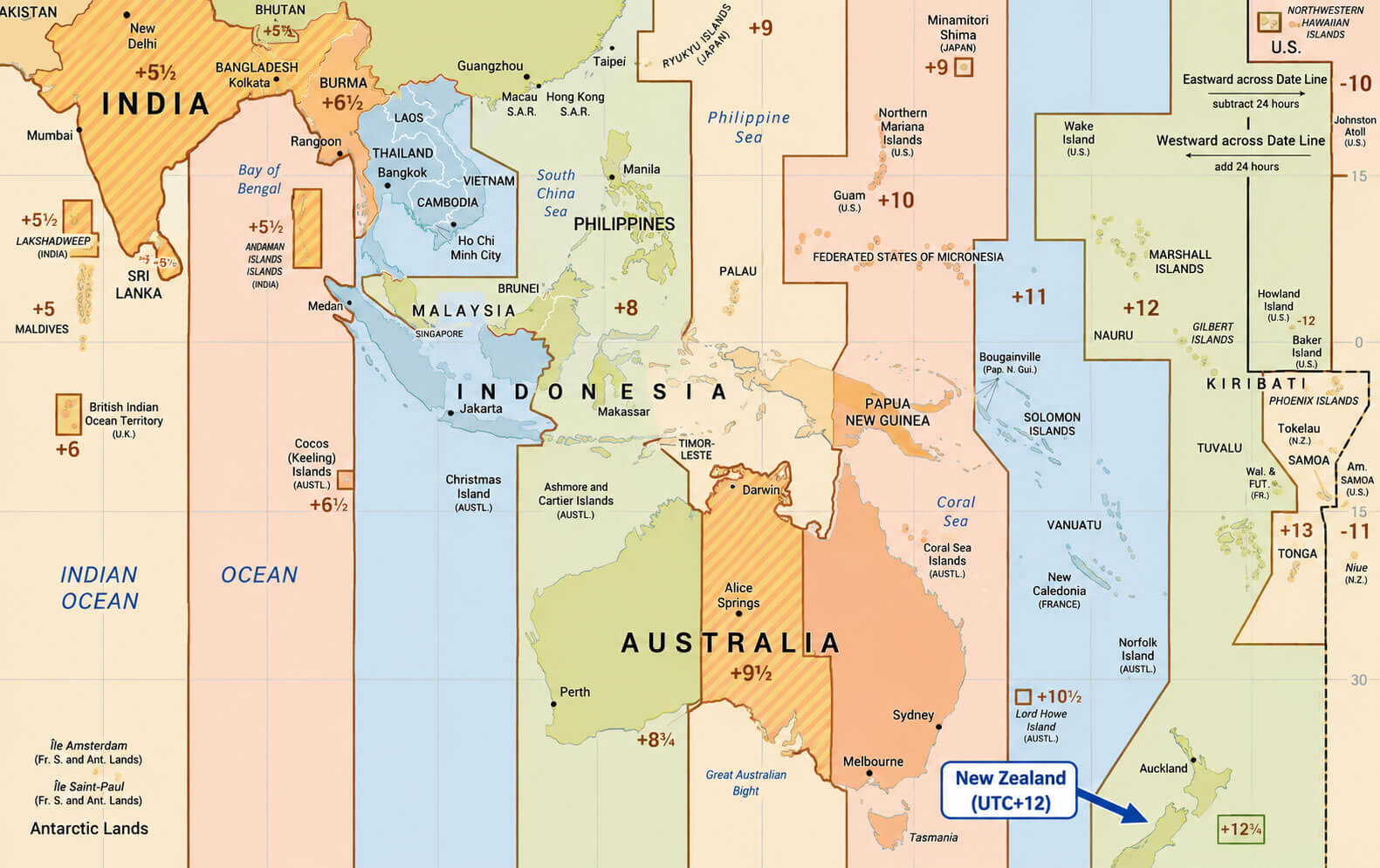 Australia and New Zealand time zone map
