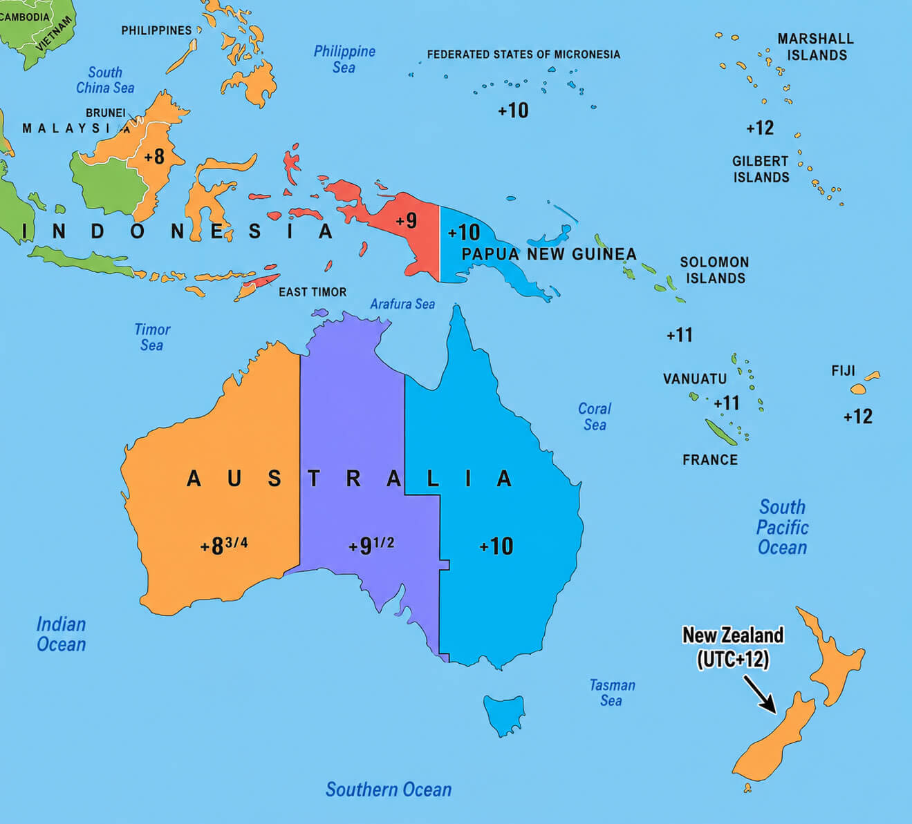 Australia and New Zealand UTC time zone map