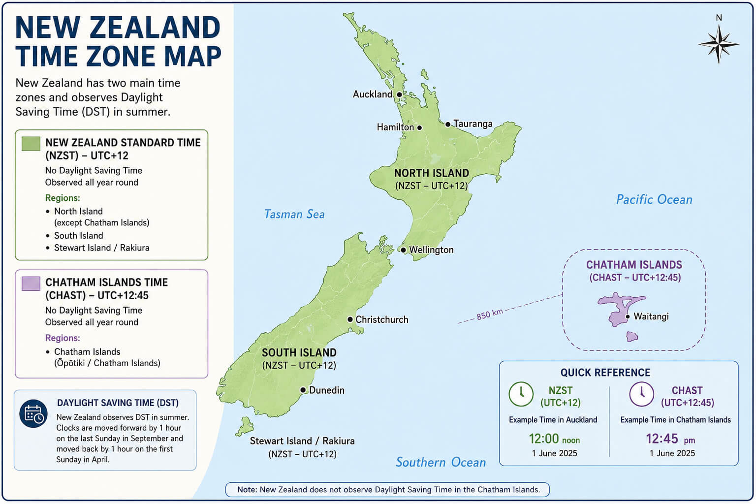 New Zealand country time zone map