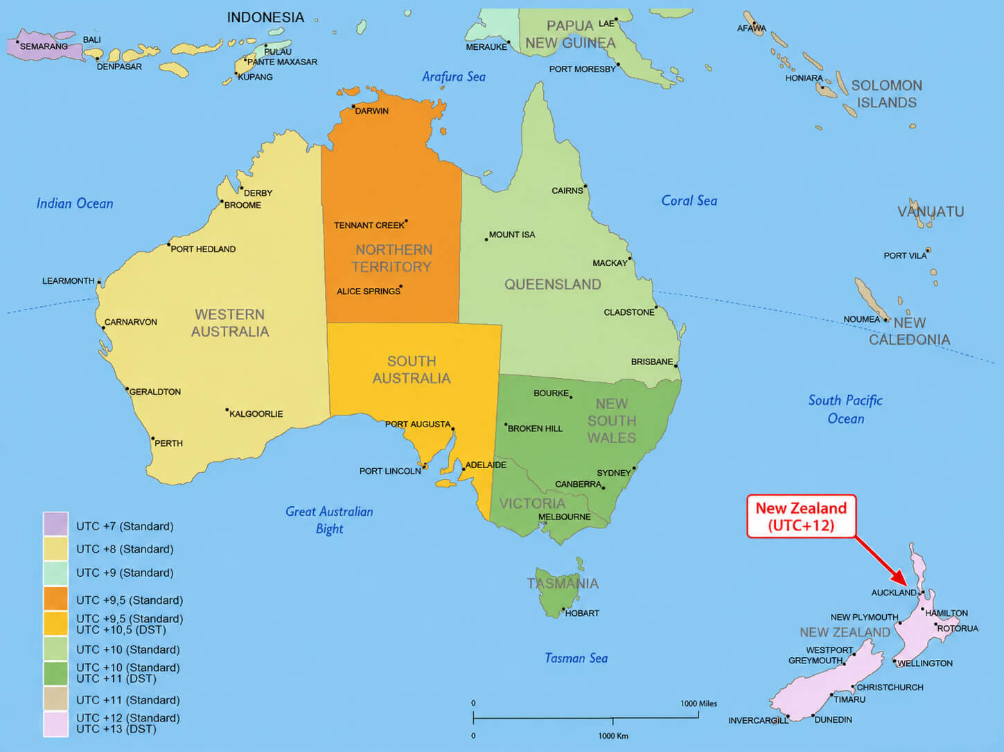 New Zealand on Oceania time zone map