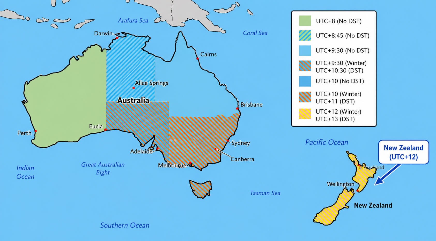 New Zealand UTC +12 time zone map