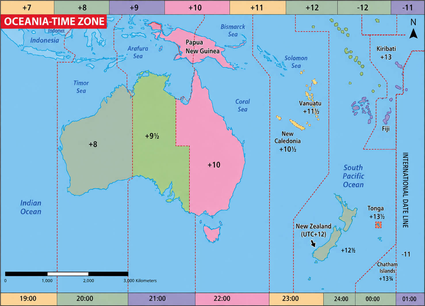 Oceania UTC time zone map