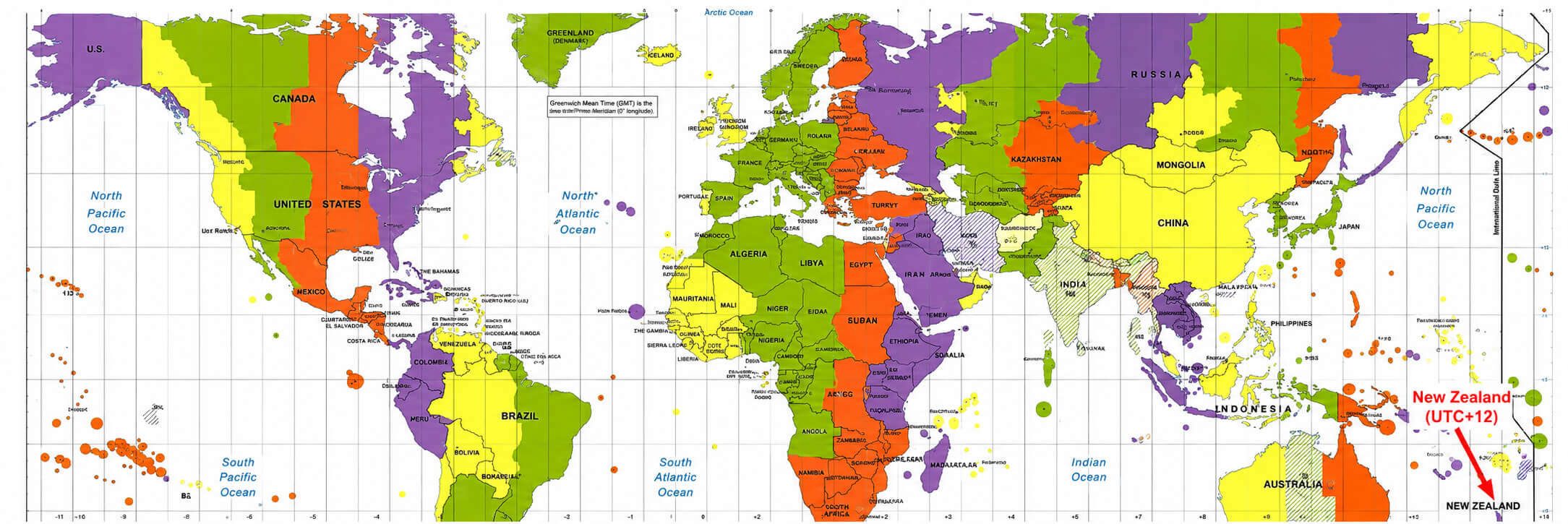 World time zone map with New Zealand