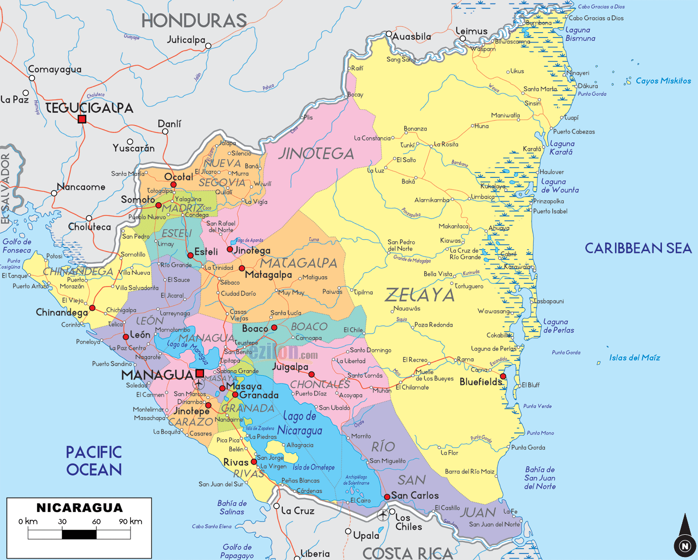 political map of nicaragua