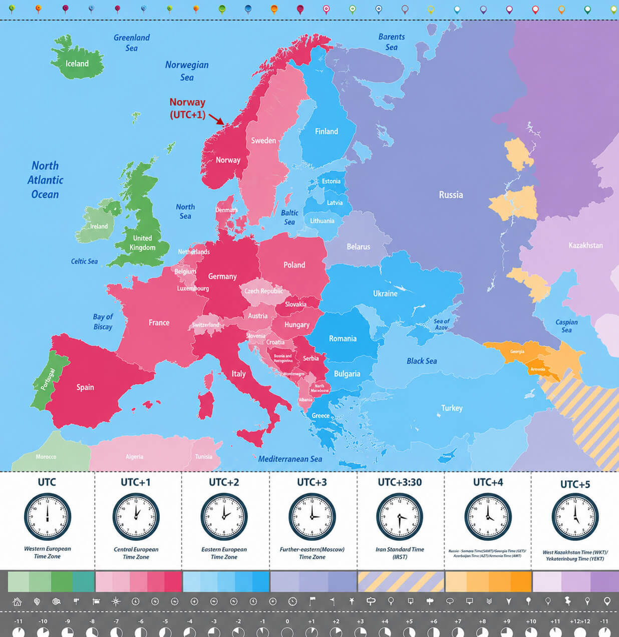 Europe time zone map with UTC offsets