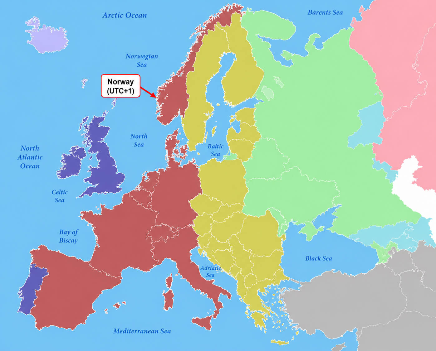 Norway on Europe time zone map