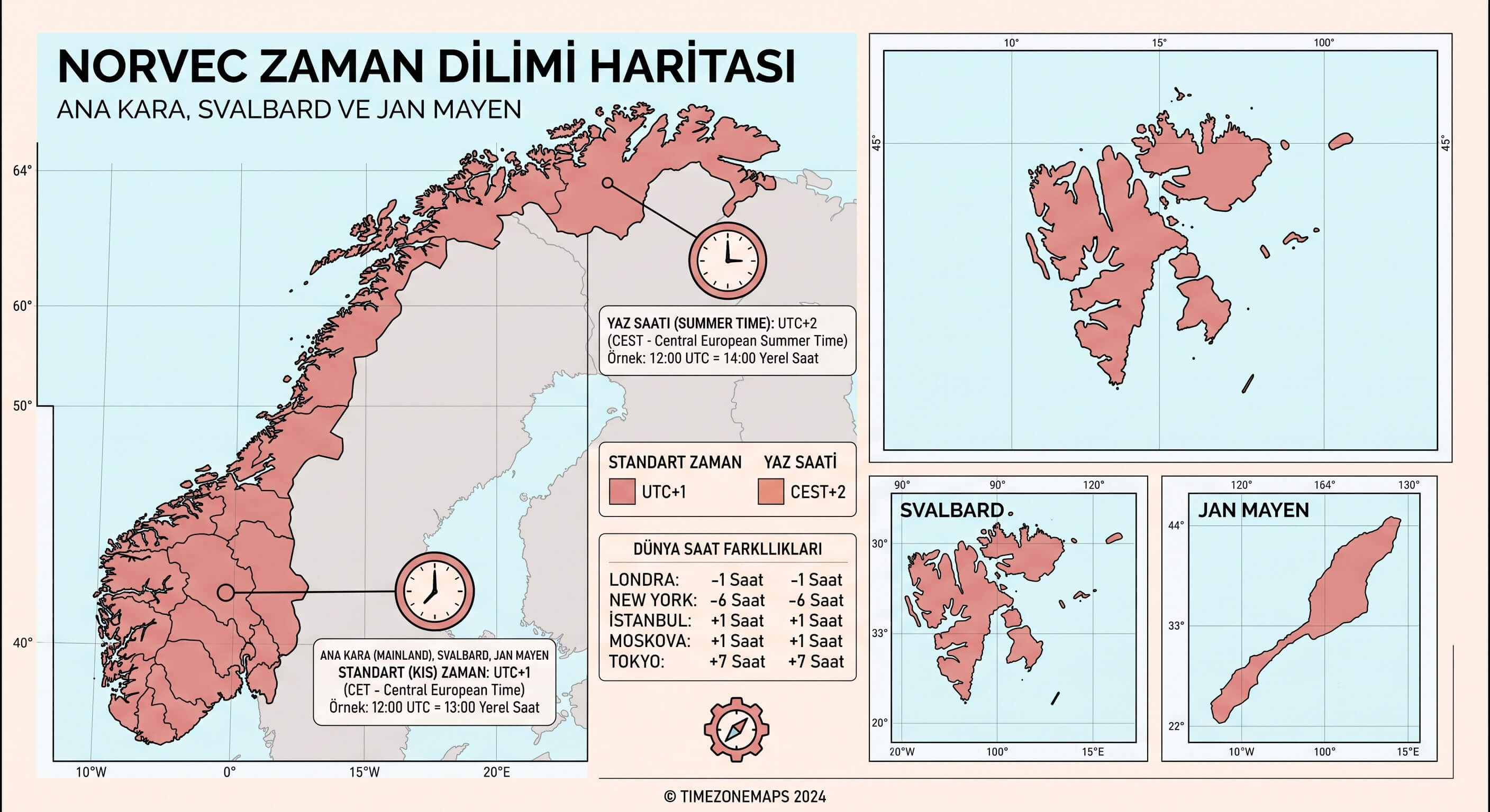 Norway UTC +1 time zone map