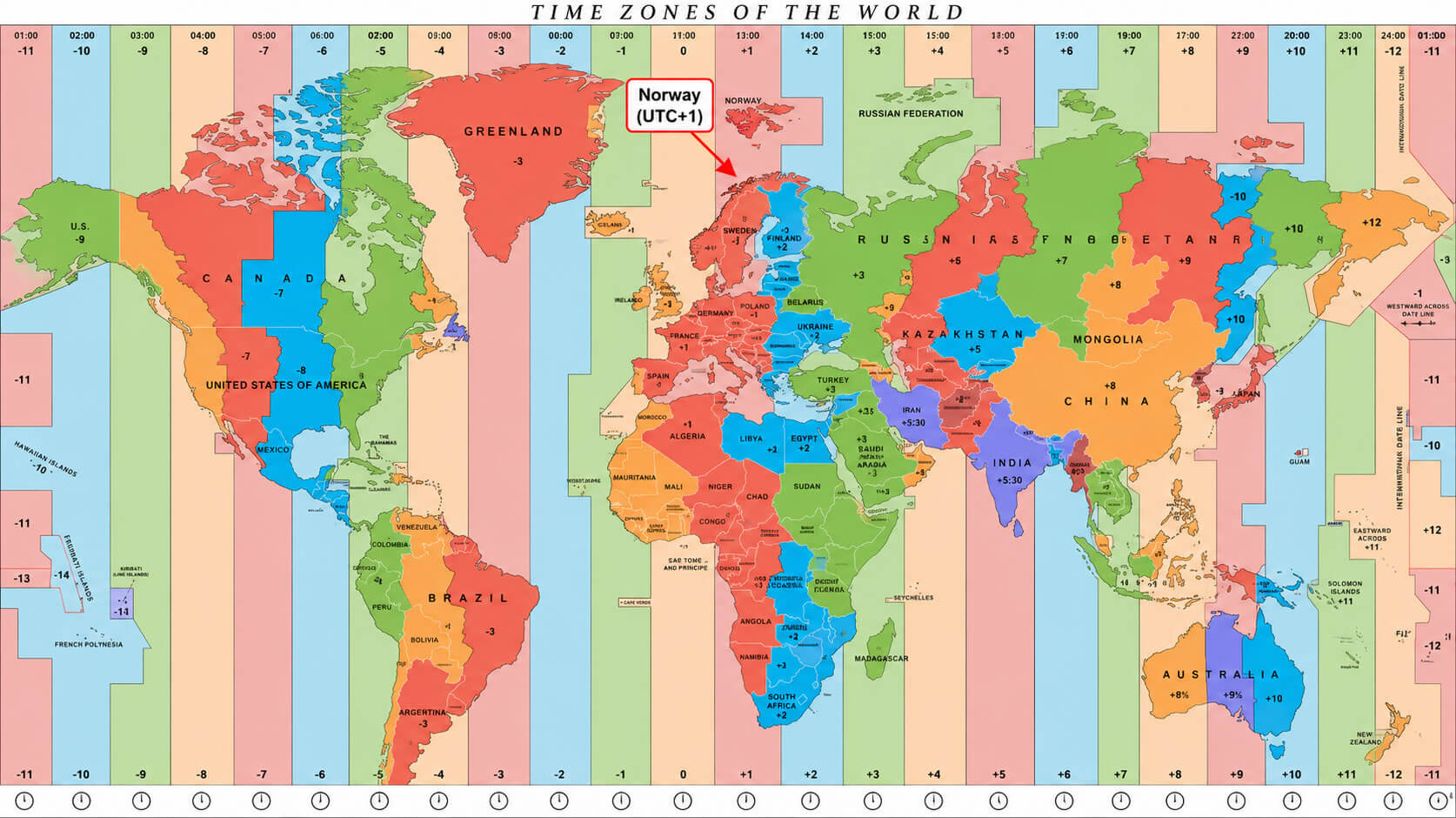 World time zone map with Norway