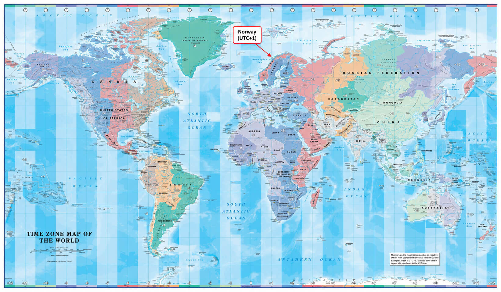 World time zone wall map