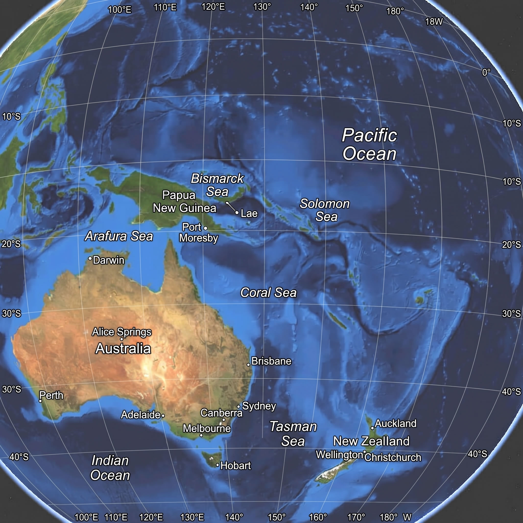 Oceania satellite globe map