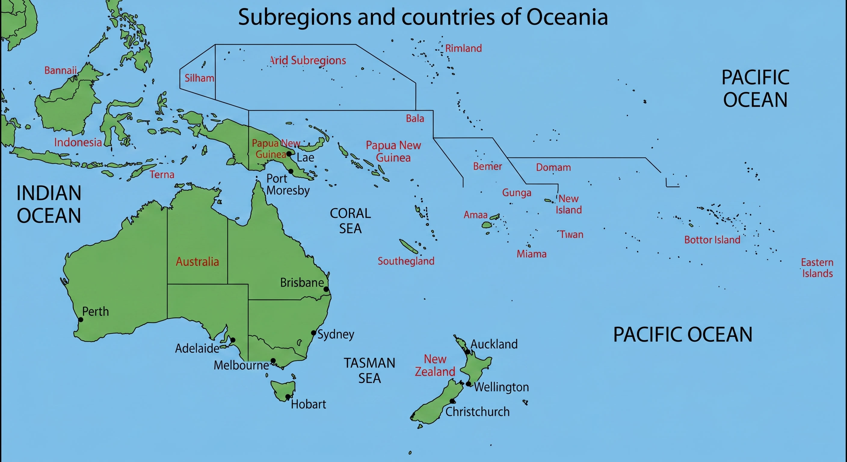Oceania subregions map with Australia and New Zealand