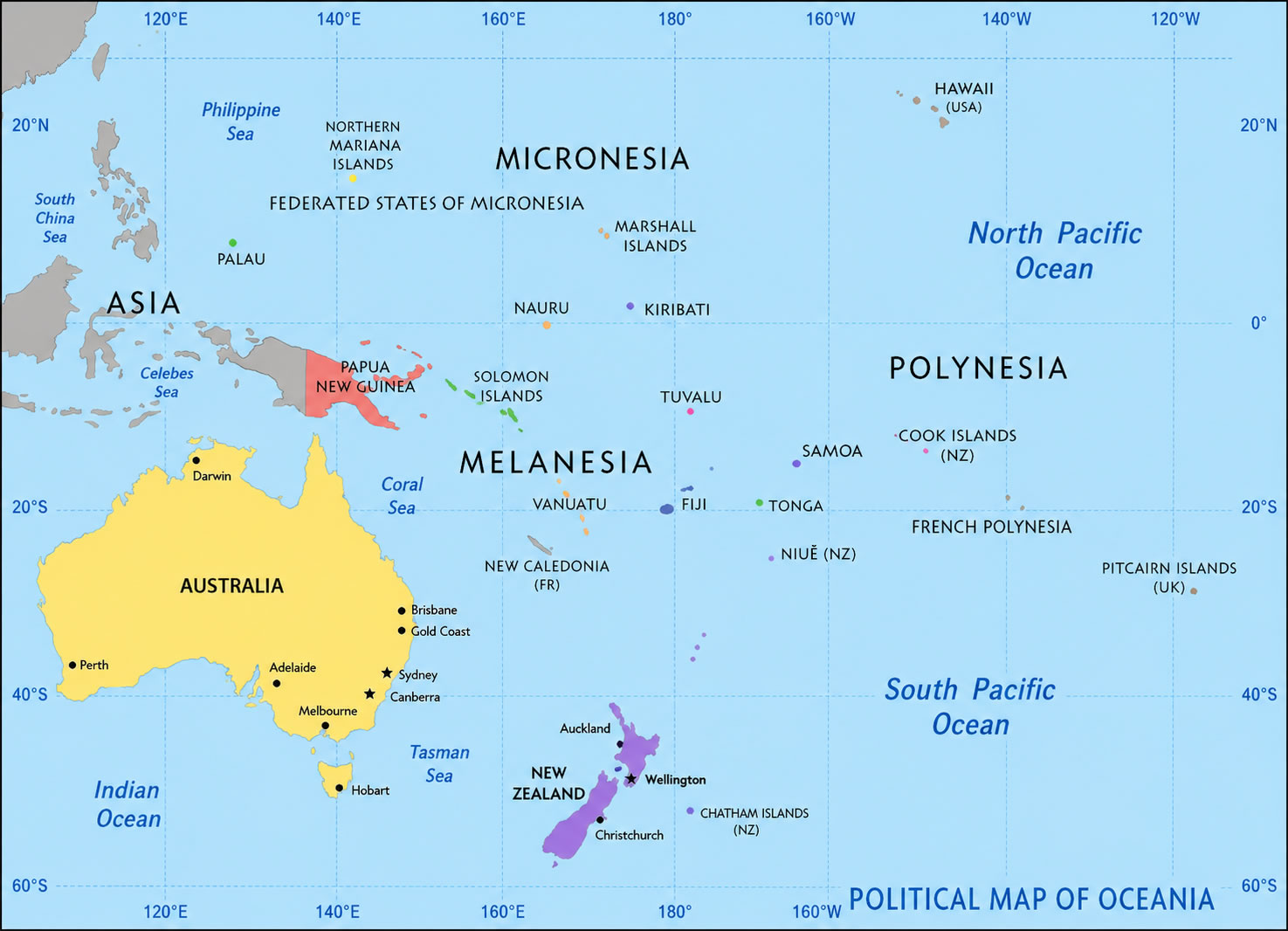 Political map of Oceania Countries and Islands