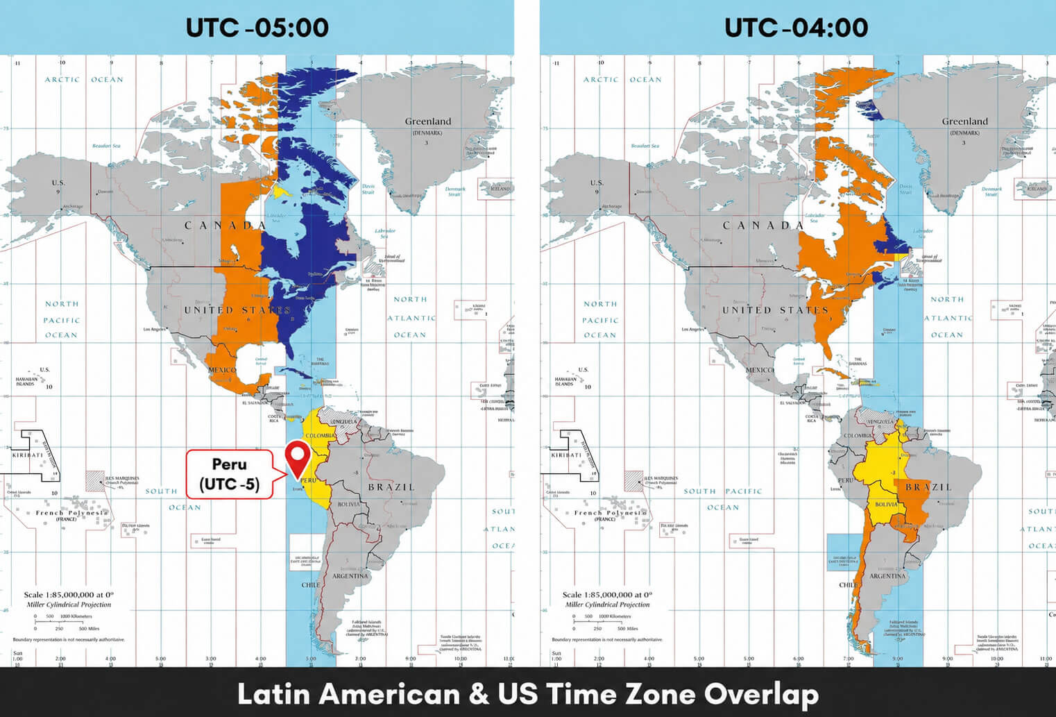 Latin america US time zone overlap Peru map