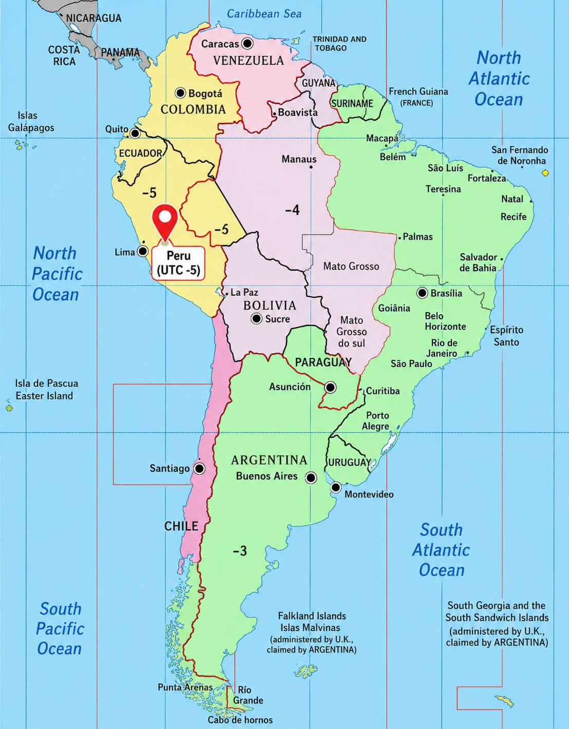 Peru location on South America time zone map