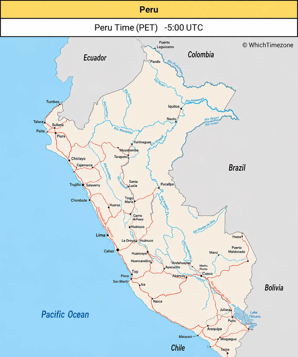 Peru standard time times map with roads