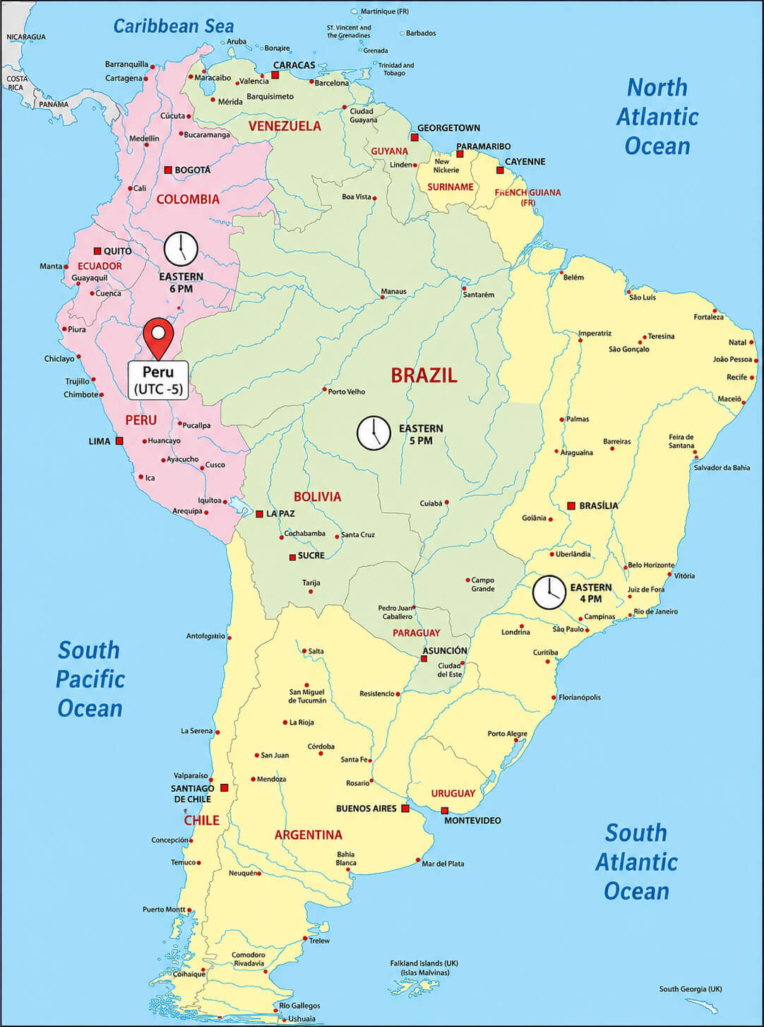 South America time zone map with Peru