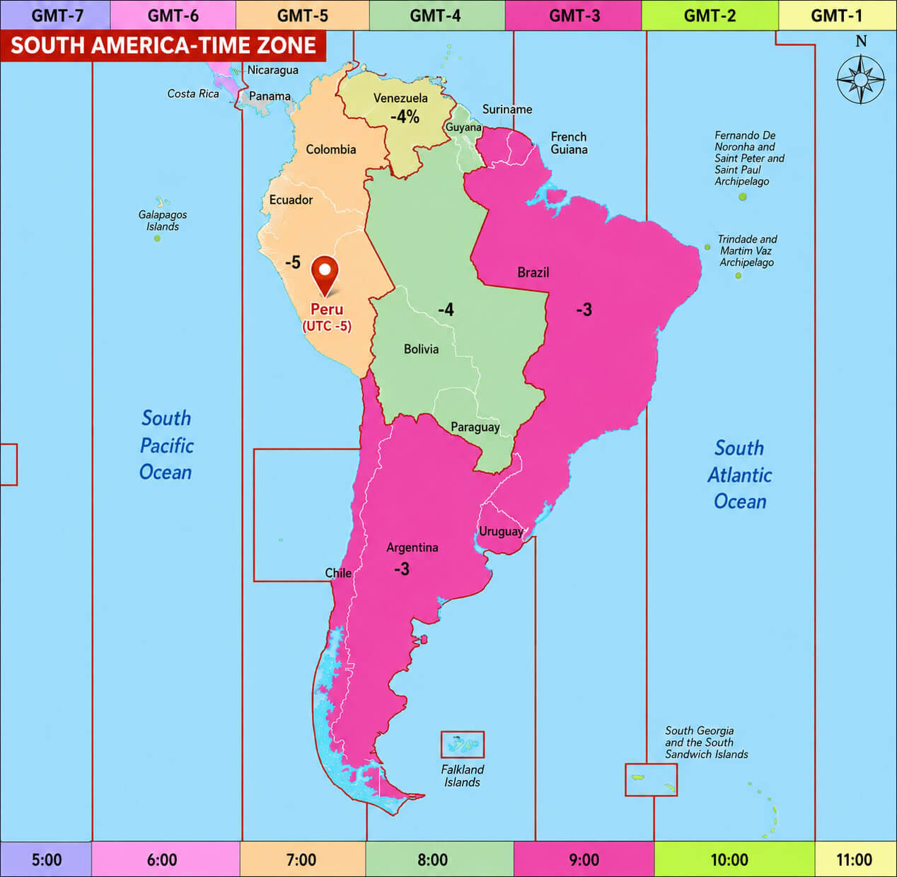 South America time zone offset map with Peru