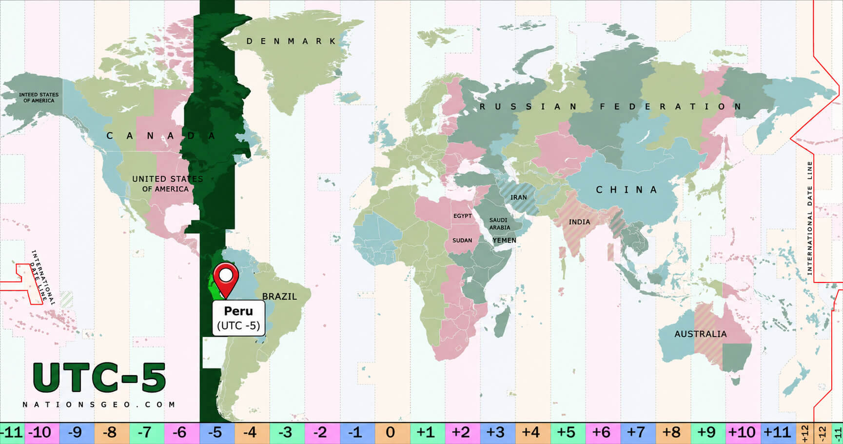 World time zone map with Peru