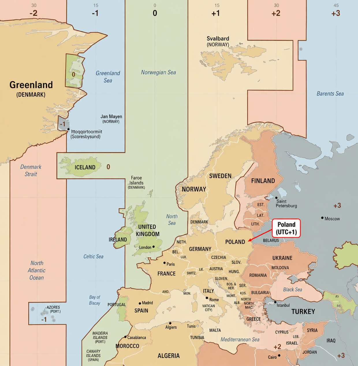 Europe time zone map with UTC offsets