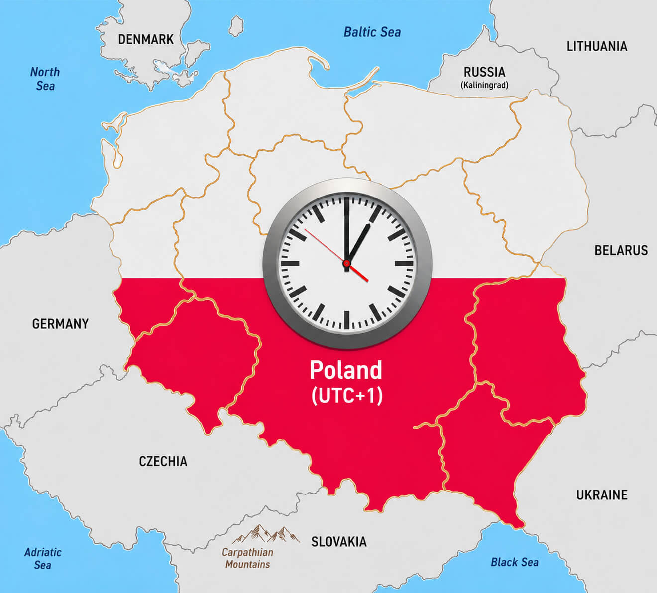 Poland UTC 1 time zone map