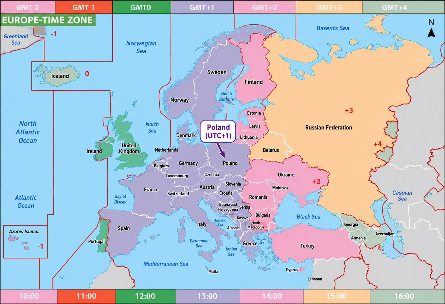 Poland UTC +1 time zone map