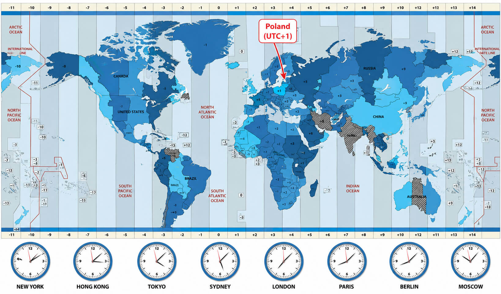 World time zone map with Poland